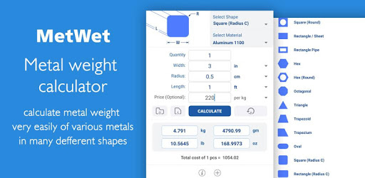 Metal Weight Calculator - MetWet PC screenshot Metal Weight Calculator - MetWet PC screenshot