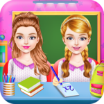 Twins Sisters Girls School First Day at Classroom icon