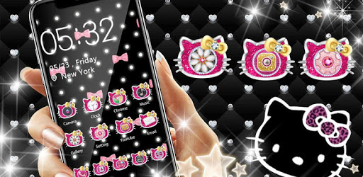 Pink Black Glitter Kitty Bowknot Theme PC screenshot